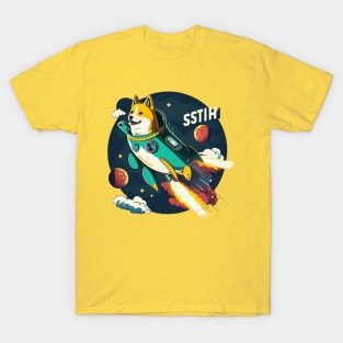 shiba inu flying into space with a rocket T-Shirt